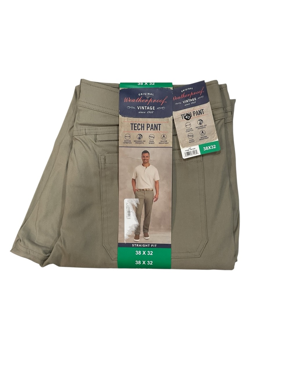 Weatherproof Vintage Mens Tech Pant Tan Straight Fit 38x32 Water Resistant
